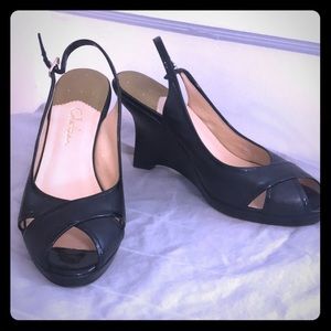 Cole Haan Black Open Toed Wedges with ankle strap